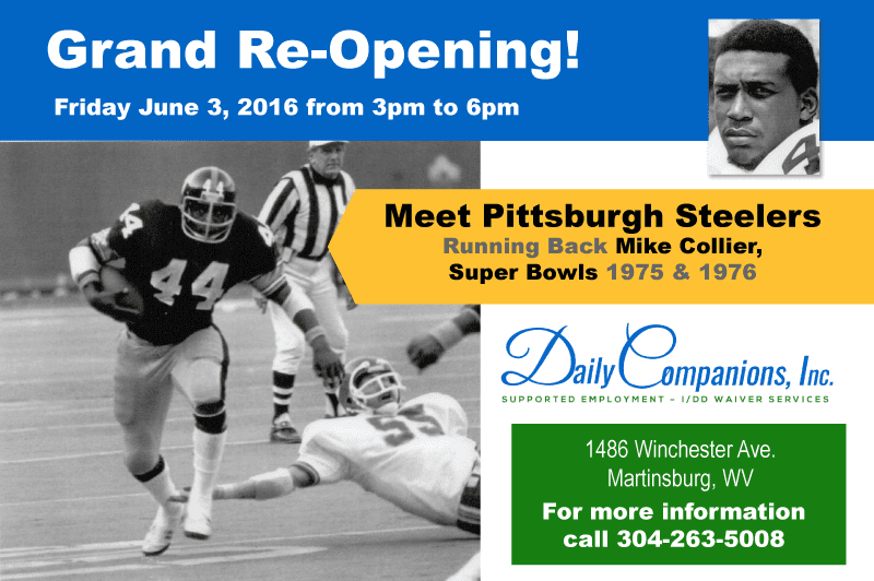 A flyer for the grand re opening of the pittsburgh steelers.