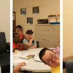 Four pictures of people sitting in chairs and smiling.