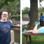 Two pictures of a man and a woman posing on a bench.