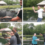 Four pictures of people fishing in a pond.