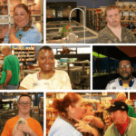 People interacting with animals in pet store.