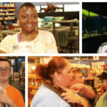A collage of pictures of people in a store.