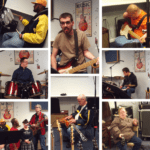 A collage of pictures of people playing music.