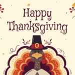 A happy thanksgiving card with a turkey in a hat.